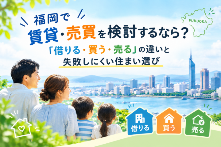 福岡の街並みを背景に家族が住まいを見つめ、「借りる・買う・売る」の選択肢を示す福岡賃貸・売買のイメージ