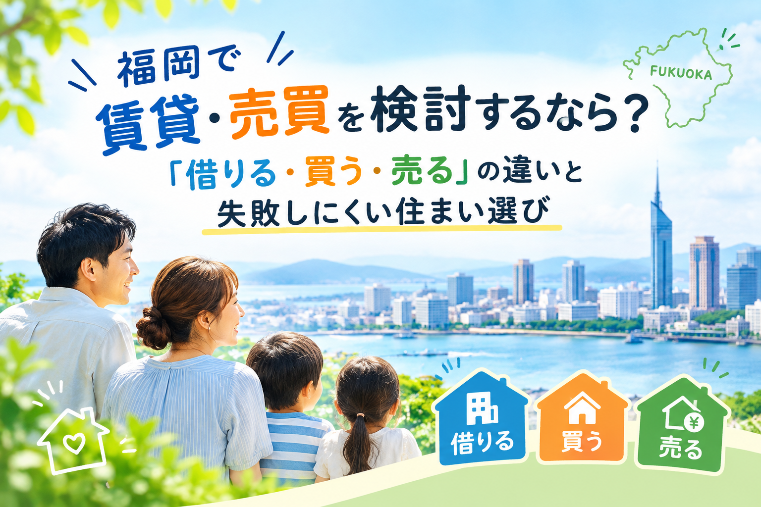 福岡の街並みを背景に家族が住まいを見つめ、「借りる・買う・売る」の選択肢を示す福岡賃貸・売買のイメージ